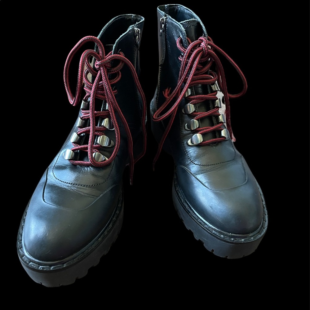 Zara Black Leather Combat Boots with Burgundy Laces